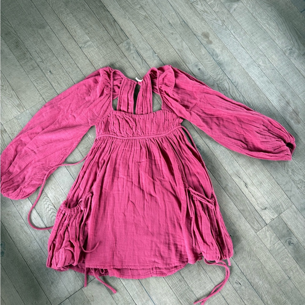 Free People Pink Sundress with Bishop Sleeves and Square Neck